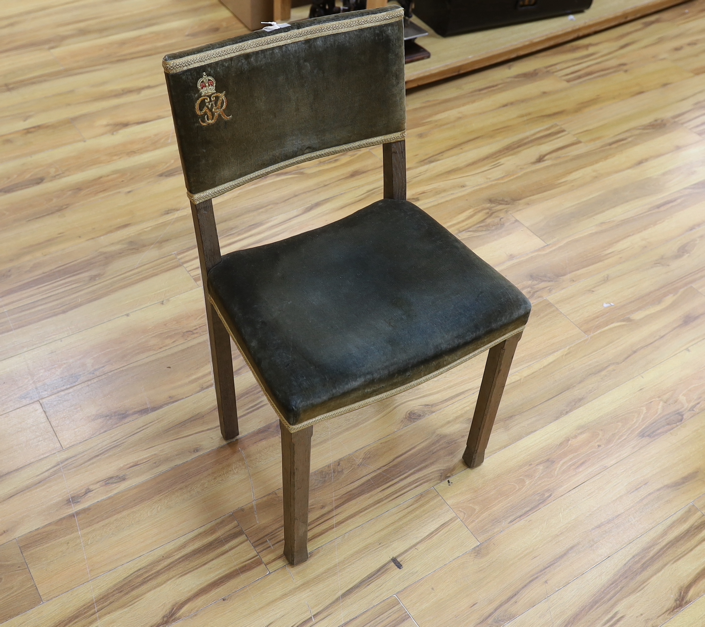A George VI oak Coronation chair, width 49cm, depth 38cm, height 85cm